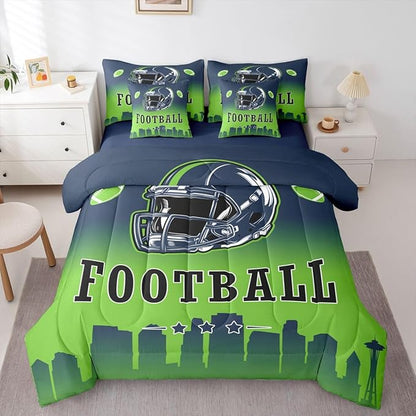 Erosebridal Football Bed in A Bag American Soccer Sports 7 Piece Bedding Set Rugby Sports Games Comforter Set with Sheets Blue Green Soft Lightweight Bed Set Queen for Kids Boys Teen Adults