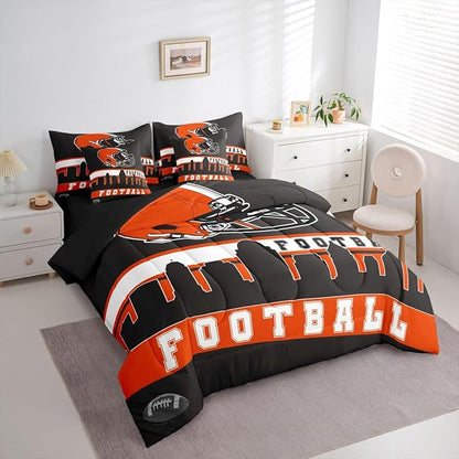 Erosebridal Football City 7 Pcs Comforter Set Queen Football Bedding Young Grey Orange Rugby Game Sheet Set Bed in A Bag Football Fans Room Decor Sports Ball Competition Quilt