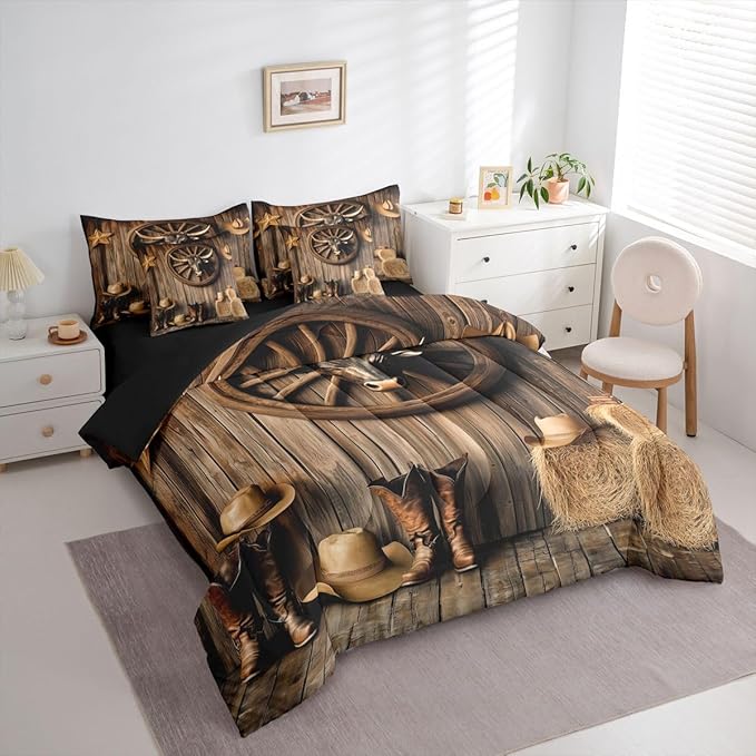 Erosebridal Bull Head 7 Piece Bedding Set King Western Comforter Set with Sheets Cowboy Hat Boots Car Wheels Haystack Bed in a Bag Board Star Print Farmhouse for Teens Men Women