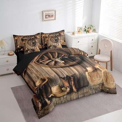 Erosebridal Bull Head 7 Piece Bedding Set Twin Western Comforter Set with Sheets Cowboy Hat Boots Car Wheels Haystack Bed in a Bag Board Star Print Farmhouse for Teens Men Women