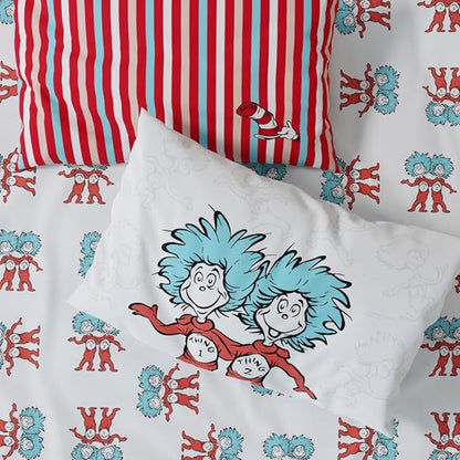 Dr. Seuss Cat in The Hat Kids Bedding, 7 Piece Full Bed Set, Soft Cozy Reversible Comforter and Sheet Set with Sham, Officially Licensed Product by Franco