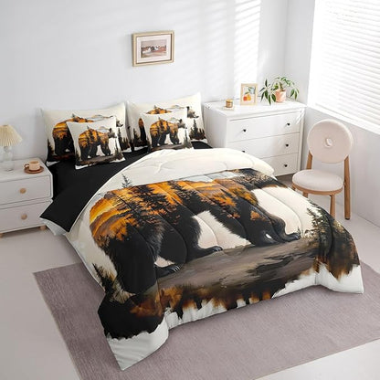 Rustic Kids Comforter Set King, Forest Bear Bedding for Adults, Farmhouse Animal Print Bedding Sets for Teen Boys Country Cabin Decor Woodland Bear Wildlife Bed Set Bedroom Decor 7 Pieces