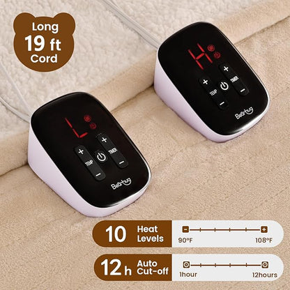 Bearhug Electric Blanket King Size 100" x 90", Dual Controller Heated Blanket Beige, Velvet & Sherpa, 10-Heat Levels & 1-12H Auto Off, 5 Year Warranty, Over-Heat Protect, ETL, Machine Washable
