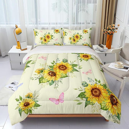3 Piece Sunflower Comforter Sets Twin Size,Vintage Floral Bedding Set for Girls Boys Adults,3 Piece Bed in A Bag,Ultra Soft Microfiber All Season Yellow Flower Bedding Set