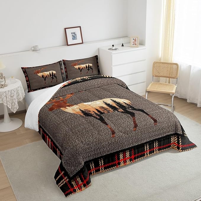 Erosebridal Elk Deer Comforter Set Twin,Hunting Deer Wild Animals Bedding Set for Teens,Western Farmhouse Orange Grey Down Comforter,Nature Antlers Moose Quilted Comforter Bedroom Decor Warm