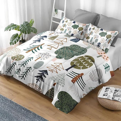 Comforter Set King Size, Woodland Tree Wood 3 Pcs Soft Bedding Set for Kids and Adults, Plant Pine Green Comforter Set with 2 Pillowcases, for Bedroom Bed Decor