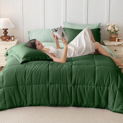 JOLLYVOGUE Twin Comforter Set, Ultra-Soft Bed in a Bag Twin Size 5 Pieces, Oeko-TEX Certified Bedding Set with Down Alternative Comforter, Sheets, Pillowcases & Shams, Dark Green & Light Green
