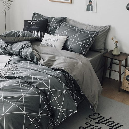 mixinni Queen Size Comforter Set Soft Geometric Grey Geometric Checkered Plaid Printed Bedding Comforter for Men Boys, 1 Soft Microfiber Reversible Comforter with 2 Pillowcases for All Seasons