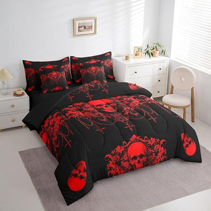 Erosebridal Gothic Bed in a Bag King Size Comforter Set 7 Pieces,Goth Sugar Skull Black Red Damask Bedding Set,Bohemian Vintage Floral Comforter and Sheet Set,Exotic Antique Victorian Baroque Decor