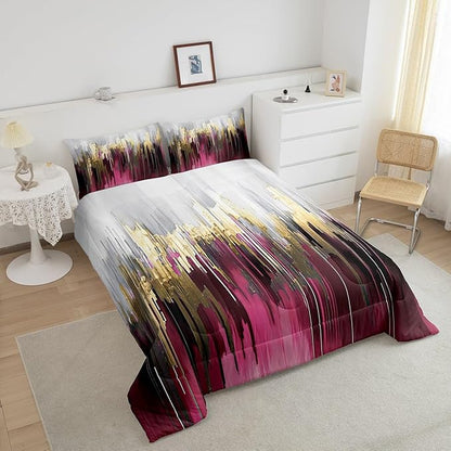 Hot Pink Purple Bedding Set King Abstract Watercolor Comforter Set, Gradient Stripe Duvet Insert Chic Vintage Aesthetic Quilt Sets, Graffiti Oil Painting Modern Bedding Comforters & Sets for Kids Teen