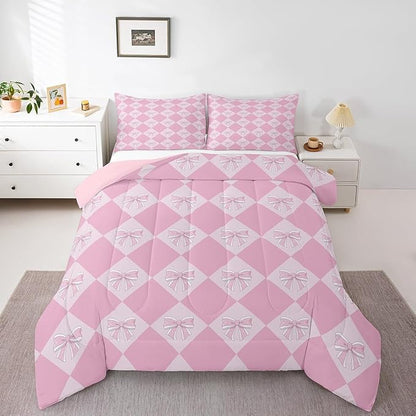 Erosebridal Kids Kawaii Bowknot Comforter Set King Fantasy Princess Bedding Comforter Sets for Kids Girls Teen Room Decor,Pink Girly Plaid Bedding Set Cute Bow Checkered Quilt Duvet 2 Pillow Cases