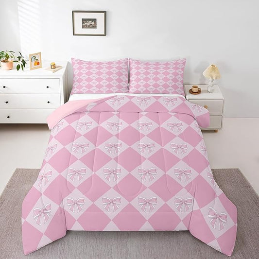 Erosebridal Kids Kawaii Bowknot Comforter Set King Fantasy Princess Bedding Comforter Sets for Kids Girls Teen Room Decor,Pink Girly Plaid Bedding Set Cute Bow Checkered Quilt Duvet 2 Pillow Cases