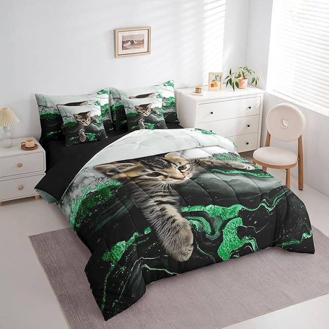 Erosebridal Green Marble Cat Bedding Set Full Watercolor Marble Ink Fluid Bed in A Bag Luxury Modern Marbling Comforter Sets with Sheets Retro Artwork Style Aesthetic Bed Set(Green, Full)