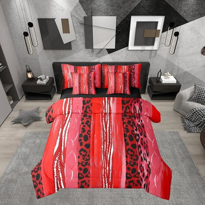 Erosebridal Cheetah Fur White Red Geometric Women King 7-Piece Comforter Set | Stripe Leopard Print Sheets and Pillowcases Men Adults Bed in A Bag Animal Skin Pattern Bed Sets