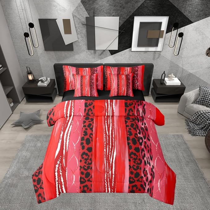 Erosebridal Cheetah Fur White Red Geometric Women Comforter Set Queen Size 7 Pieces | Stripe Leopard Print Bed in A Bag Men Adults Bed Set Animal Skin Pattern Bedding
