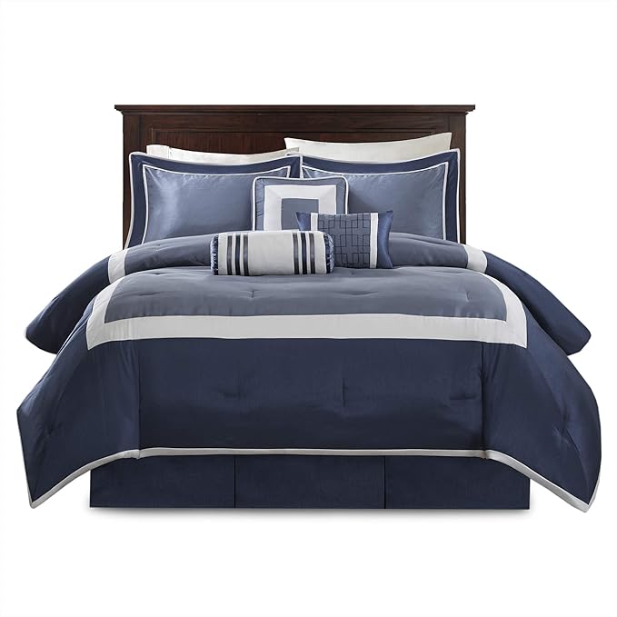 Madison Park Cozy Comforter Set-Deluxe Hotel Collection, All Season Down Alternative Luxury Bedding with Matching Shams, Decorative Pillows, Queen(90"x90"), Genevieve, Navy 7 Piece