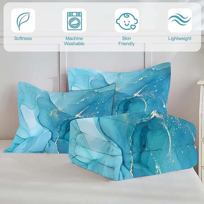 Blue Marble Printed Comforter Sets King Size, Retro Style Watercolor Artwork Design for Bedroom Decor. Bed Comforter for Girls Women and Men with 2 Pillowcases