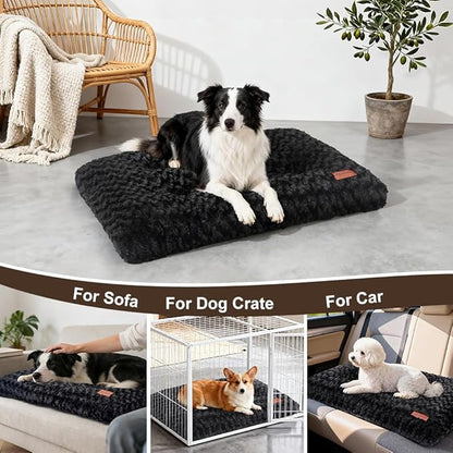 Dog Bed Crate Pad - Rosette Pattern White Velvet Pet Bed Anti-Slip Comfy Kennel Pad for Crates Rosette Black XL