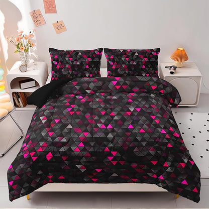 Geometric Pink Black Comforter Set,Triangle Honeycomb 3 PCS Bedding Set Queen Size for Teen Adult,Modern Quilt Set Geometry Decor,Microfiber Lightweight 1 Comforter 2 Pillowcases