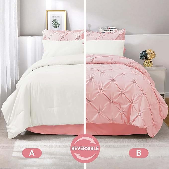 JOLLYVOGUE Queen Comforter Set 7 Pieces, Pink/Ivory Bed in a Bag Comforter Set for Bedroom, Bedding Comforter Sets with Comforter, Sheets,Ruffled Shams & Pillowcases