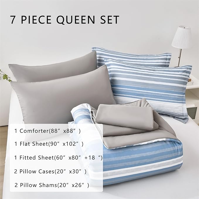 KAKIJUMN 7 Piece Bed in a Bag Stripe Comforter Set Queen Size, White Grey Blue Patchwork Striped Comforter and Sheet Set, All Season Soft Microfiber Complete Bedding Set(Light Blue,Queen)
