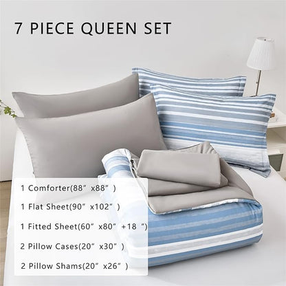 KAKIJUMN 7 Piece Bed in a Bag Stripe Comforter Set Queen Size, White Grey Blue Patchwork Striped Comforter and Sheet Set, All Season Soft Microfiber Complete Bedding Set(Light Blue,Queen)