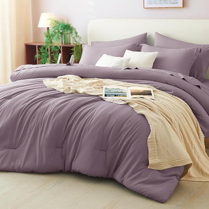 CozyLux Queen Comforter Set Dusty Purple, 7 Pieces Bed in a Bag Queen Comforter Set with Sheets, Bedding Sets with Down Alternative Comforter, Fitted Sheet, Flat Sheet, Pillow Shams and Pillowcases