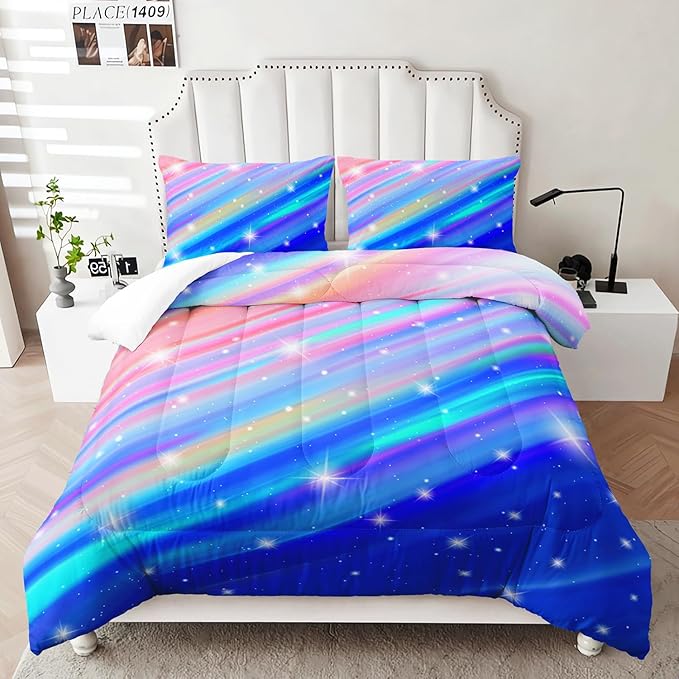 Blue and Violet Comforter Set for Girls Kids Teens,Full Size Rainbow 3 Pieces Gradient Glitter Bed in A Bag Full,Colorful Galaxy Ultra Soft Bedding Sets for Girls,All Season
