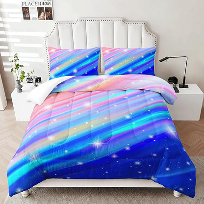 Blue and Violet Comforter Set for Girls Kids Teens,Full Size Rainbow 3 Pieces Gradient Glitter Bed in A Bag Full,Colorful Galaxy Ultra Soft Bedding Sets for Girls,All Season