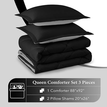 downluxe Queen Comforter Set - Black and Grey Comforter Set Queen, Soft Bedding Sets for All Seasons -3 Pieces - 1 Comforter (88"x92") and 2 Pillow Shams(20"x26")