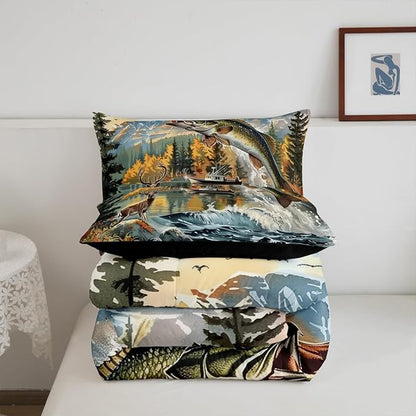 Erosebridal Bass Fishing King Comforter Set,Hunting Deer Bedding Sets for Kids Boys Men,Big Pike Fish Quilt Bed Set,Rustic Mountain Lake House Bedroom Decor,2 Pillowcases Lightweight