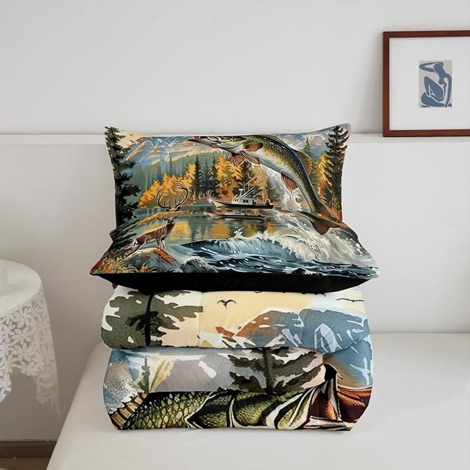 Erosebridal Bass Fishing Queen Bedding Set,Hunting Deer Comforter Set for Kids Boys Men,Big Pike Fish Comforter,Rustic Mountain Lake House Bedroom Room Decor,2 Pillowcases Lightweight