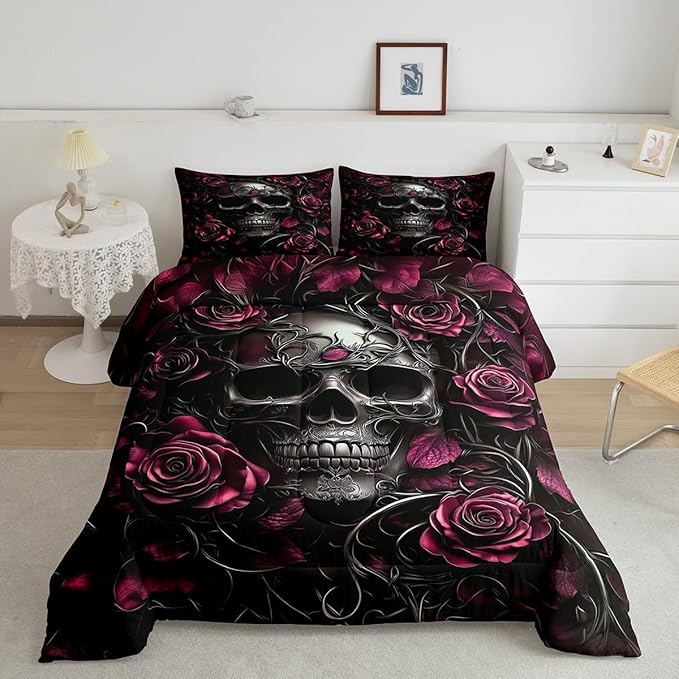 Erosebridal Gothic Skull Bedding Set for Adluts Kids Teens Goth Comforter Full Size Vintage Victorian Romantic Hot Pink Rose Floral Quilt Spooky Grunge Skeleton Boho Horror Bedding,Gothic Decor