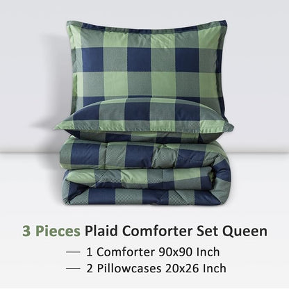 Andency Green Plaid Comforter Queen(90x90Inch), 3 Pieces (1 Comforter, 2 Pillowcases) Buffalo Checkered Gingham Bed Set, Soft Geometric Bedding for Boys