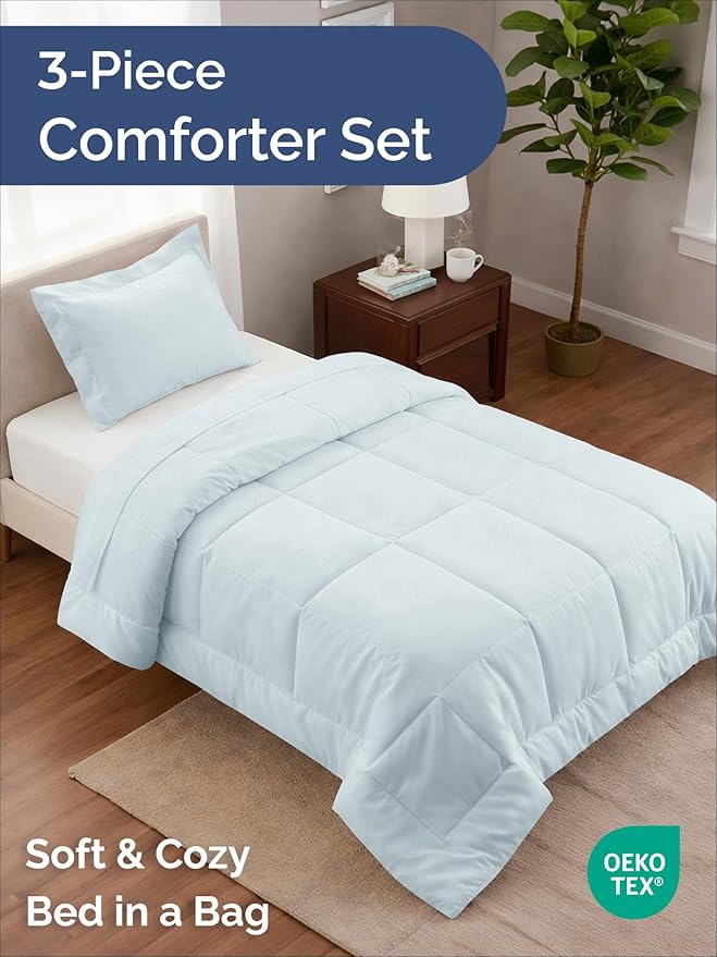 Twin Comforter Set - 2 Piece Bed Set for All Seasons - 1 Soft Quilted Comforter with Corner Tabs & 1 Pillow Sham - Comfy, Cozy & Breathable - Premium Down Duvet Insert - Oeko-TEX - Twin Size, Ice Blue