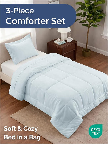 Twin XL Comforter Set - 2 Piece Bed Set for All Seasons - 1 Soft Quilted Comforter with Corner Tabs & 1 Pillow Sham - Comfy & Breathable - Premium Down Duvet Insert - Oeko-TEX - Twin XL Size, Ice Blue