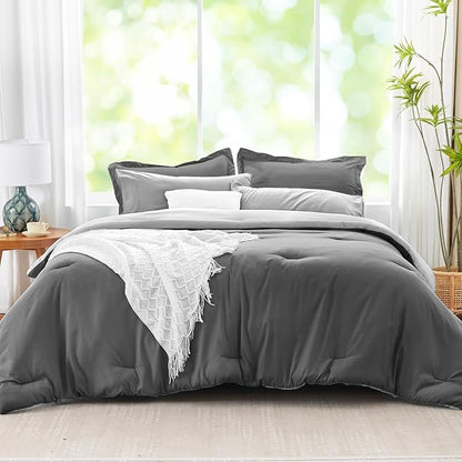 Gray Comforter Set Queen, Reversible Bedding Set, 7 Pieces Soft Bed in a Bag with Comforter, Sheets, Pillowcases & Shams, All Seasons Boho Bed Set