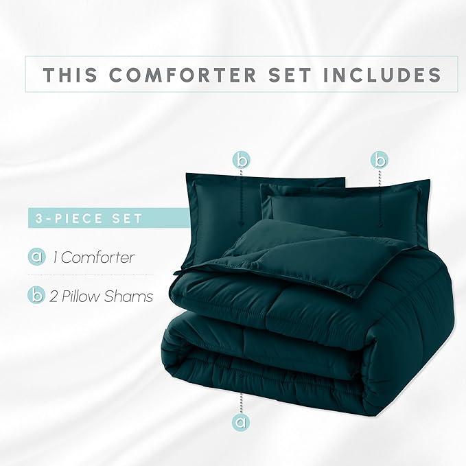 Elegant Comfort 3-Piece Box Stitched Down Alternative Comforter with Shams - Ultra Soft for All Season Duvet Insert with Corner Tabs, Plush Cozy 3PC Comforter Set, King, Marine Teal