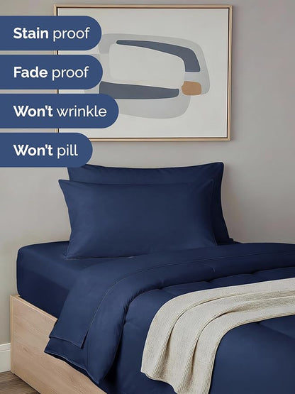 Twin Comforter Set - 5 Piece Bed in a Bag Twin Size Bed Set - Down Alternative Comforter, Flat Sheet, Fitted Sheet, Pillowcase & Sham for All Seasons - Ultra Soft, Cozy, Comfy & Breathable - Navy Blue