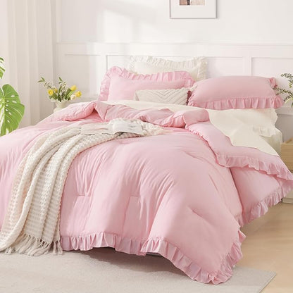 Andency Oversized King Ruffle Comforter Set 120x120, 3 Pieces Pink Lightweight Fluffy Super King Bedding Set, Shabby Chic Famhouse All Season Bed Set for Girls Women