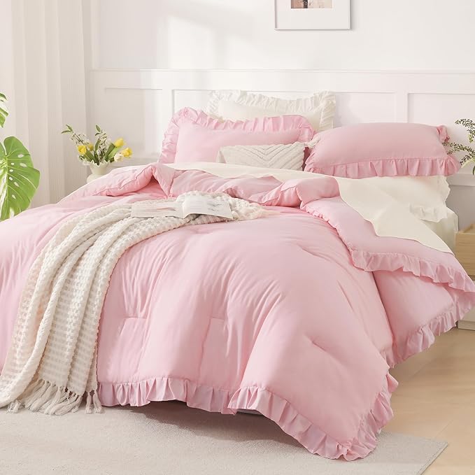 Andency Pink Ruffle Comforter Oversized Queen(98x98Inch), 3 Pieces(1 Ruffled Comforter and 2 Pillowcases) Solid Farmhouse Shabby Chic Bed, Vintage Rustic Soft Microfiber Bedding Set