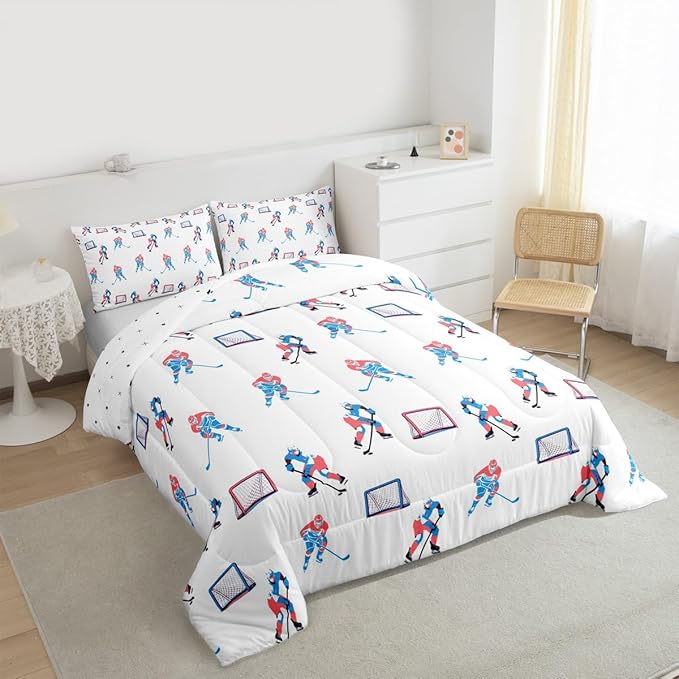 Hockey Players Kids Bedding Set King Size, Comforter Set,Winter Sports Games Quilt Comforter,White Blue Bedroom Duvet Insert,2 Pillowcases
