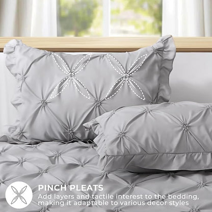 JOLLYVOGUE Grey Queen Comforter Set, 7 Pieces Pintuck Comforters Queen Size, Bed in a Bag Queen Comforter for Bedroom, Bedding Comforter Sets with Comforter, Sheets, Ruffled Shams & Pillowcases