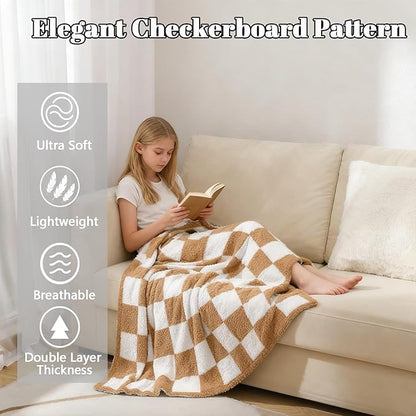 MorroMorn Checkered Throw Blanket for Couch, 2-Layers Soft Cozy Fleece Plaid Blankets Checkerboard Grid - Fluffy Fuzzy Plush Warm for Sofa Chair Bed Fall Home Decor Gifts (Camel, Throw 50"x60")