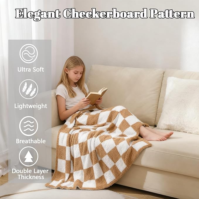 MorroMorn Checkered Blanket for Couch Bed Sofa Chair, 2-Layers Soft Cozy Fleece Plaid Blankets Checkerboard Grid - Fluffy Fuzzy Plush Warm Fall Decor Mothers (Camel, Twin 60"x80")