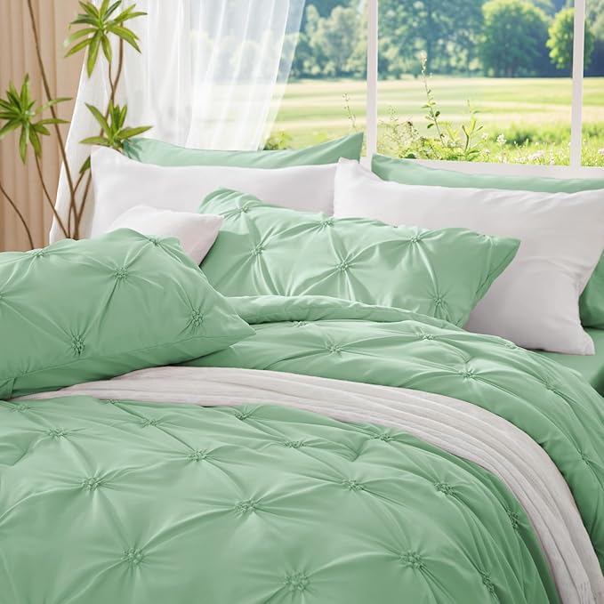 BEDELITE Sage Green Twin Comforter Set - 2 Peices Boho Pintuck Bedding Comforter Sets, Lightweight Soft & Warm Twin Bedding Sets with 1 Pillowcase for All Season