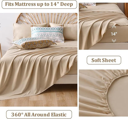 WONGS BEDDING Boho Comforter Set King, 7 Pieces Beige Striped Bed in a Bag Comforter and Sheet Set, Bohemian Floral Striped Comforte Bedding Set,Soft Microfiber Complete Set for All Seasons 104" x 90"