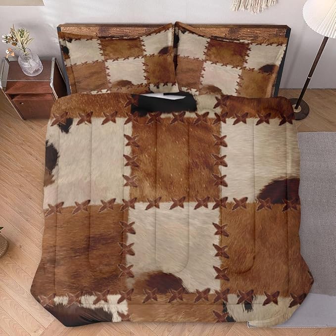 King Size Comforter Set with 2 Pillowcases, Vintage Rustic Cow Soft 3 Pcs Bedding for Kids and Adults Bedroom Bed Decor