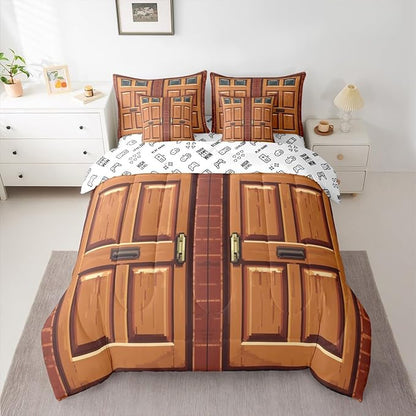 Castle Fairy Video Games Comforter Set - 7 Pieces Twin Size,Miner Door All Season Reversible Bed in a Bag Brick Red Square Bedding Set Video Games Theme Flat Sheet,Fitted Sheet,Pillowcases