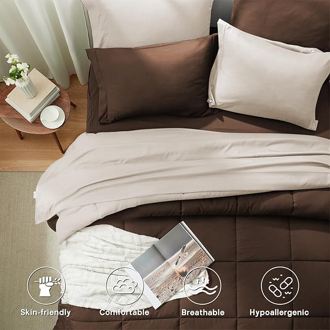 Anluoer King Comforter Set,Brown&Beige Bed in a Bag 7 Piece,Lightweight Bedding Set with Soft Down Alternative Fill,Bed Set Includes Comforter, Fitted Sheet, Flat Sheet,Pillowcases and Shams